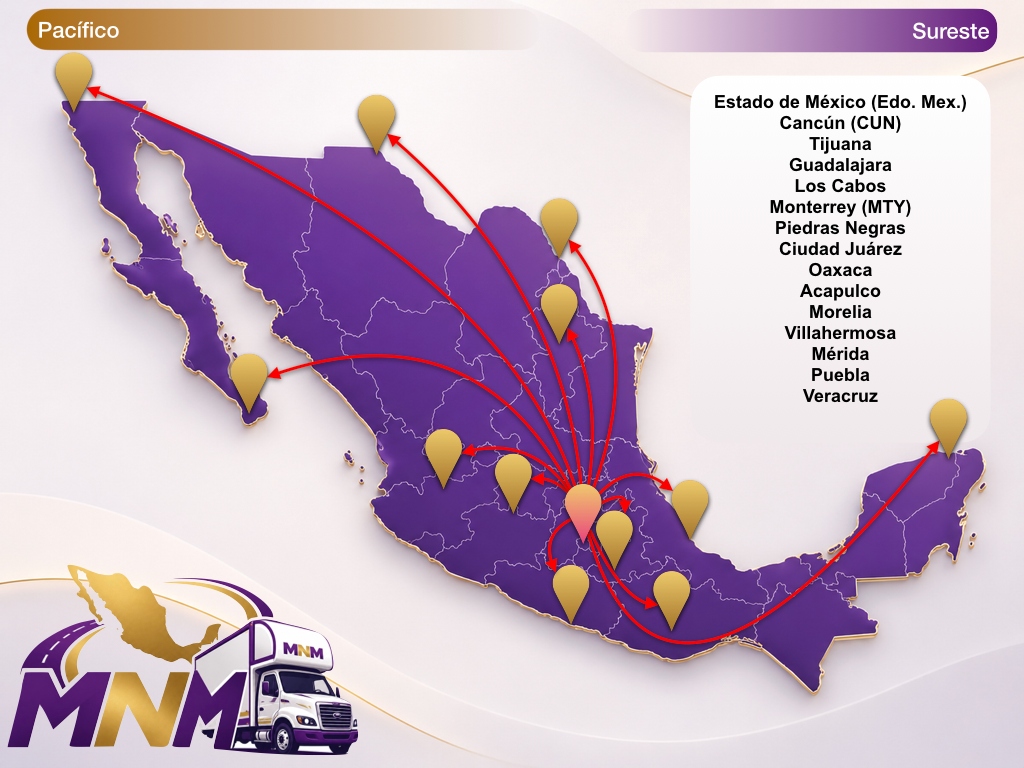 Mapa de rutas de cobertura de Transportes MNM en México